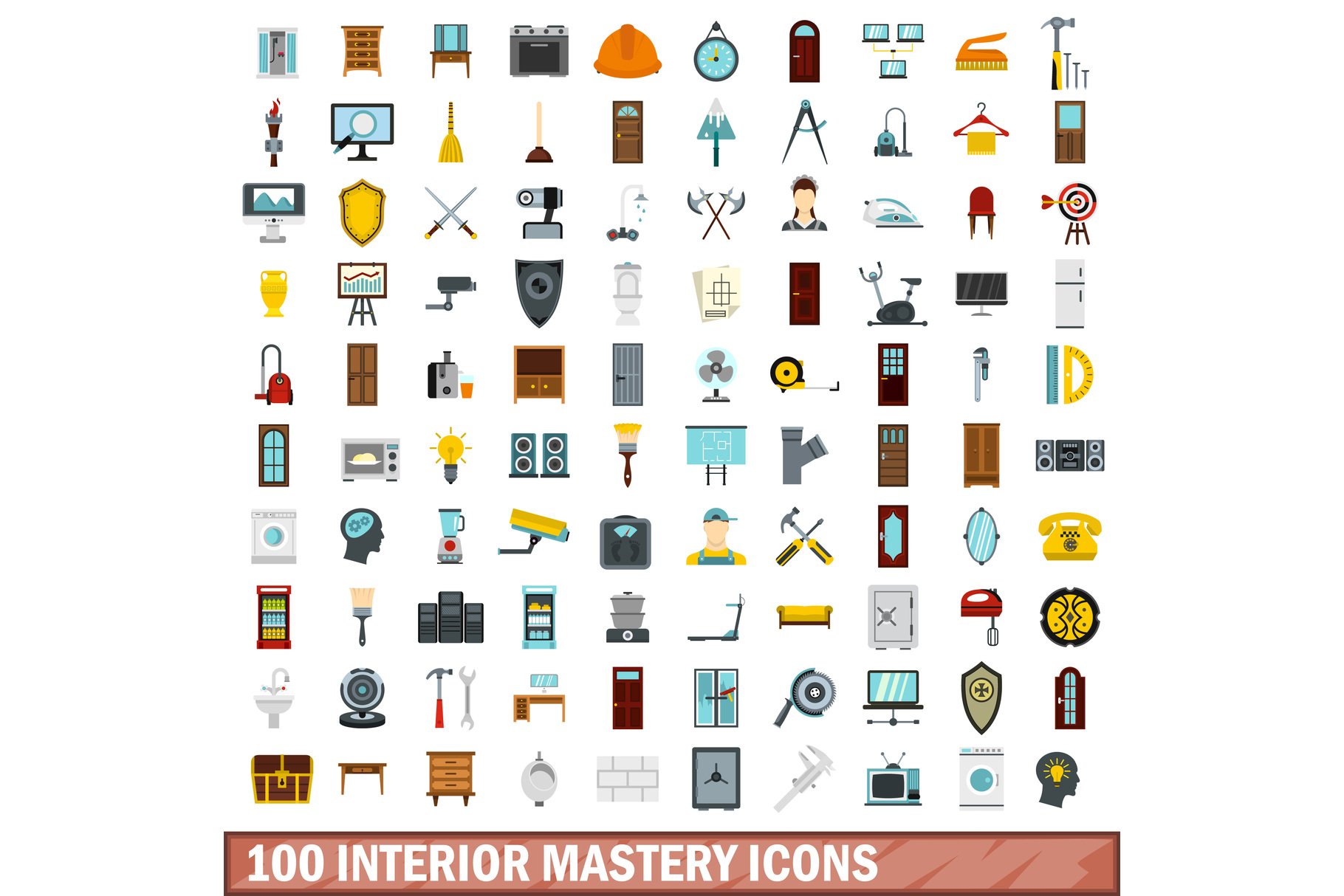 100 interior mastery icons set, flat cover image.