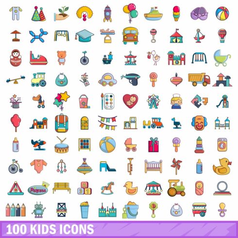 100 kids icons set, cartoon style cover image.