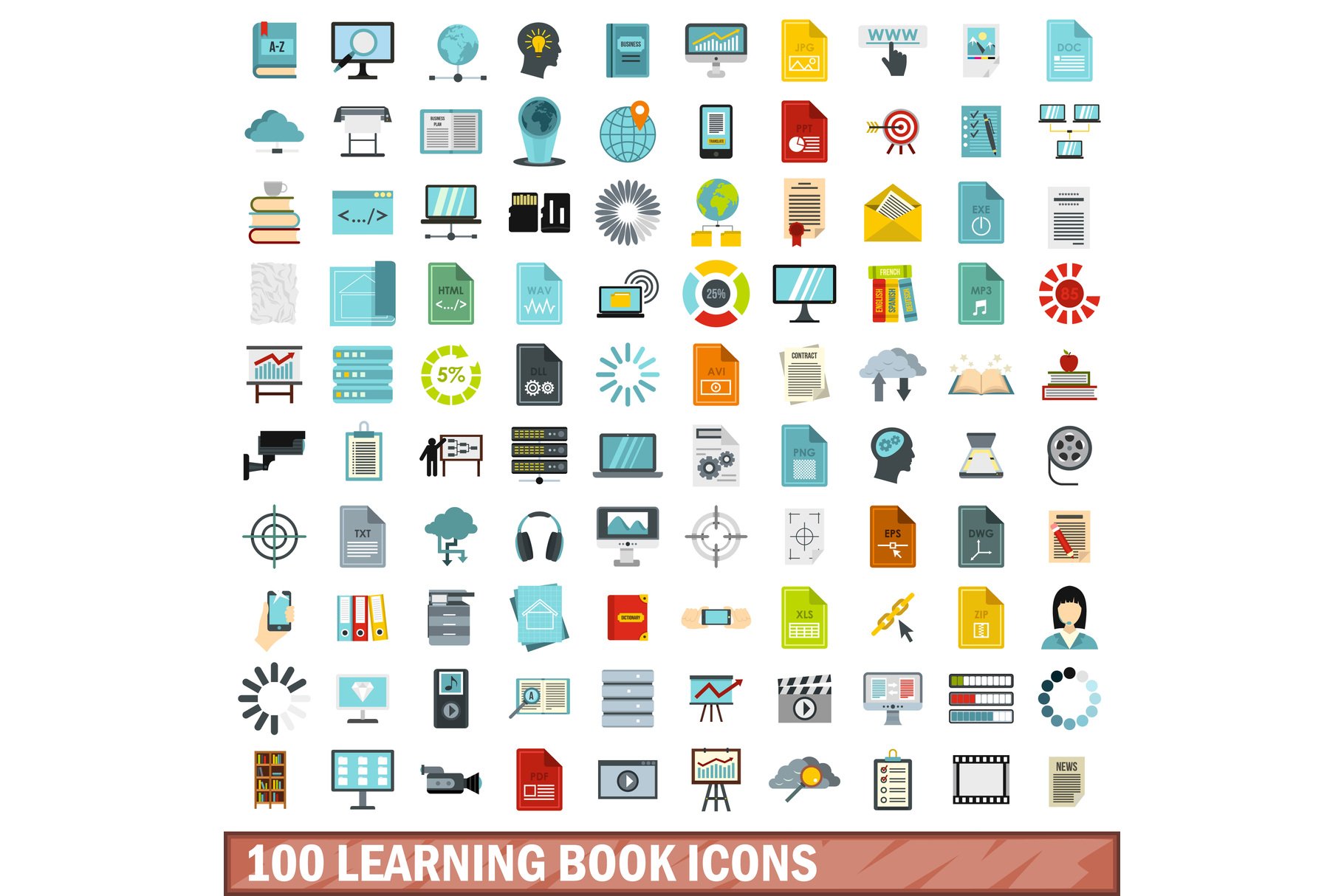 100 learning book icons set cover image.