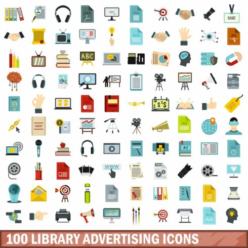 100 library advertising icons set cover image.