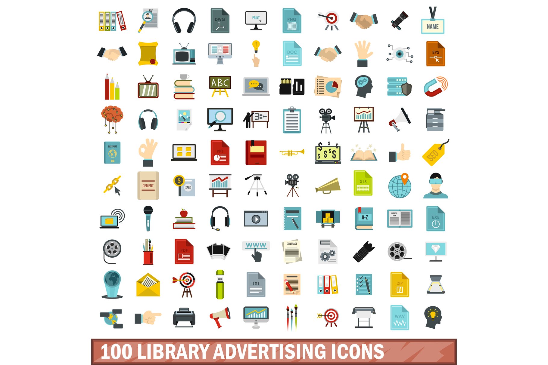 100 library advertising icons set cover image.