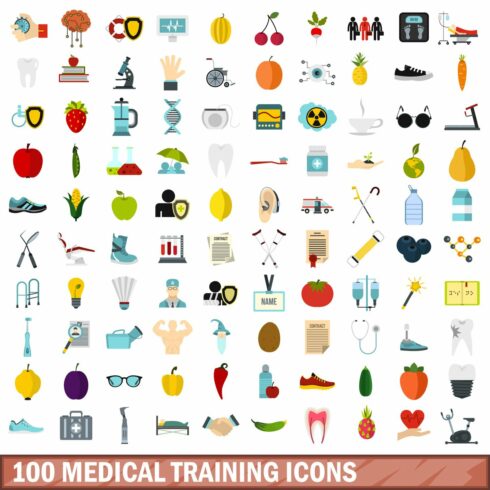 100 medical training icons set, flat cover image.