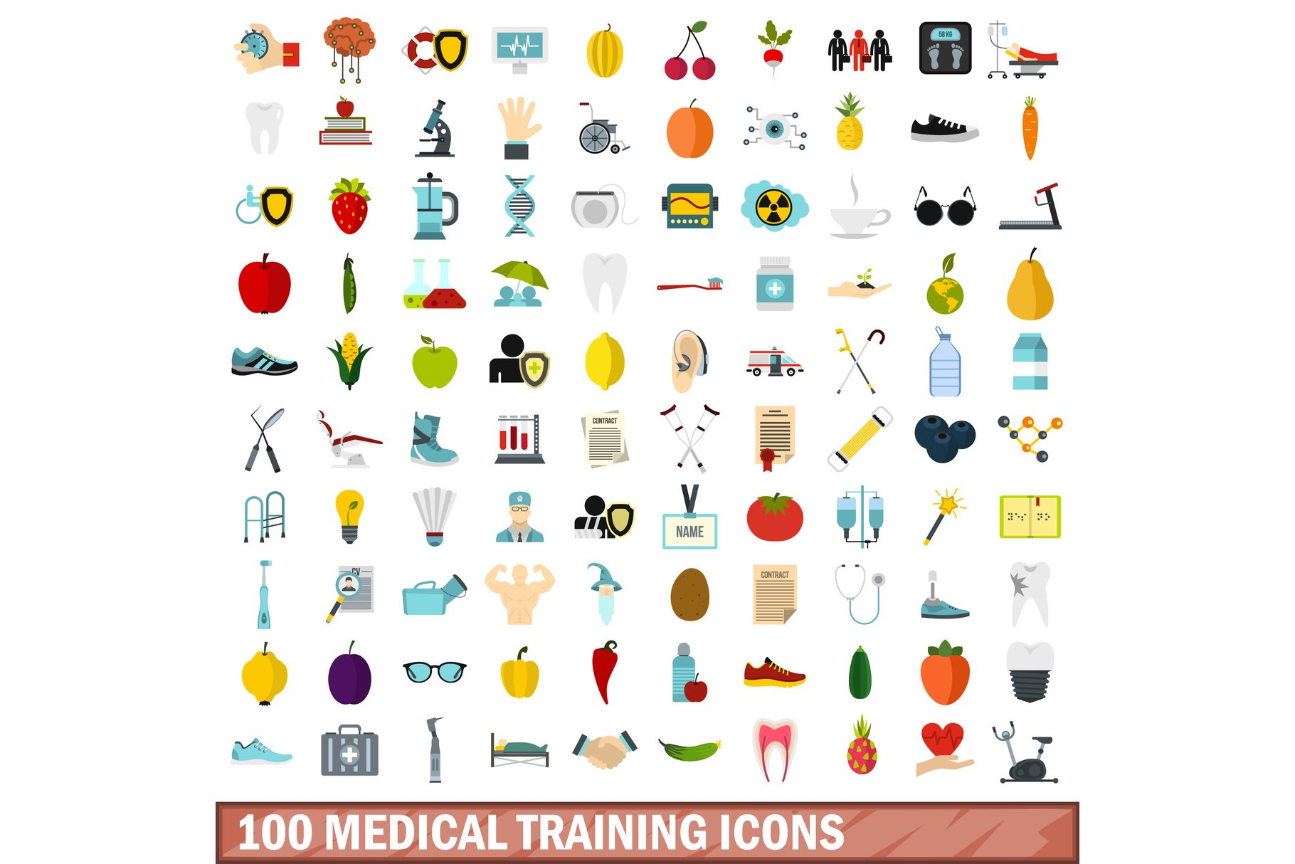 100 medical training icons set, flat cover image.