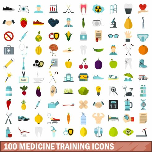 100 medicine training icons set cover image.