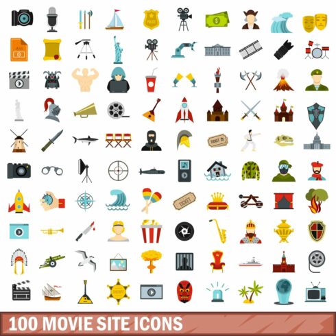 100 movie site icons set, flat style cover image.