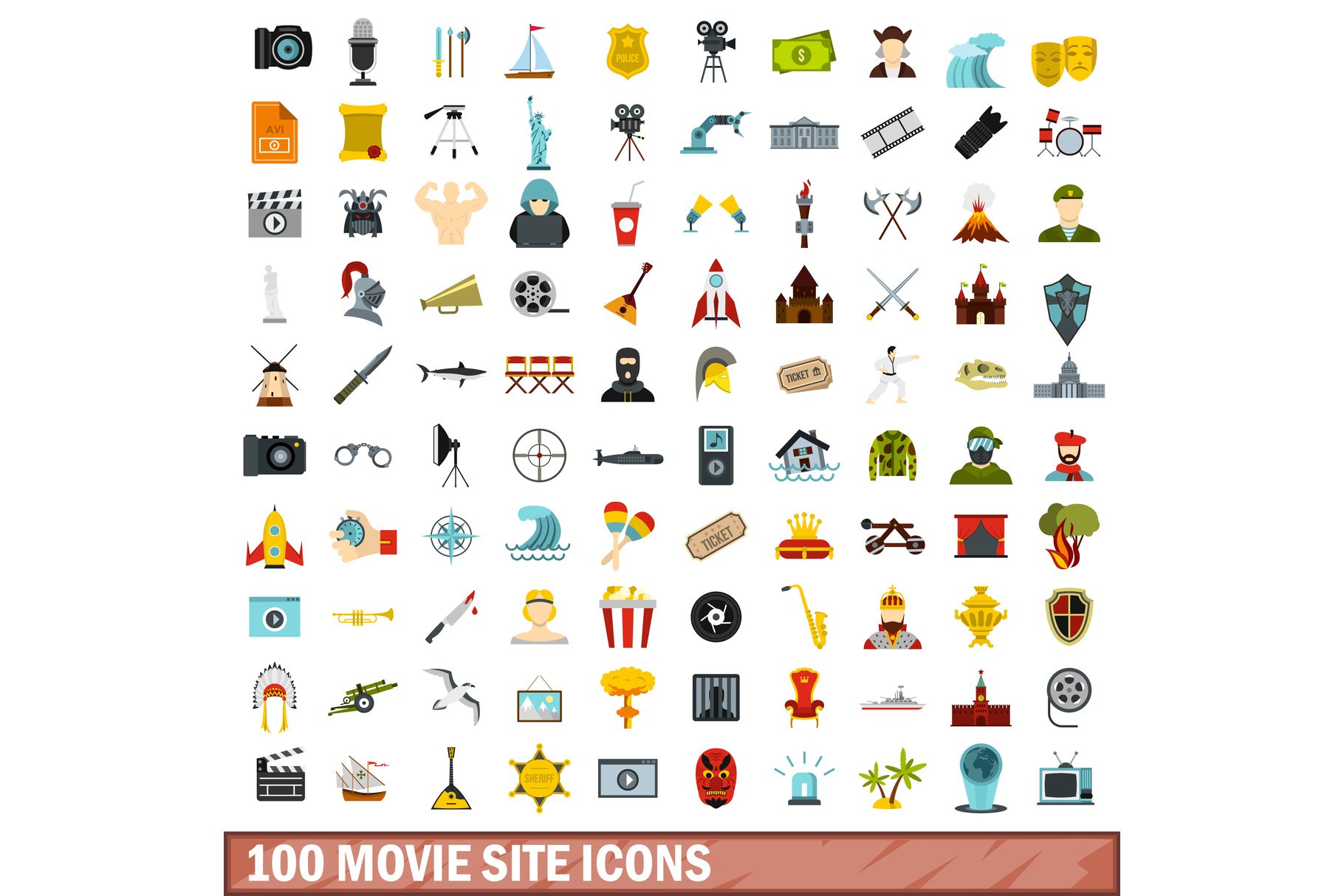 100 movie site icons set, flat style cover image.