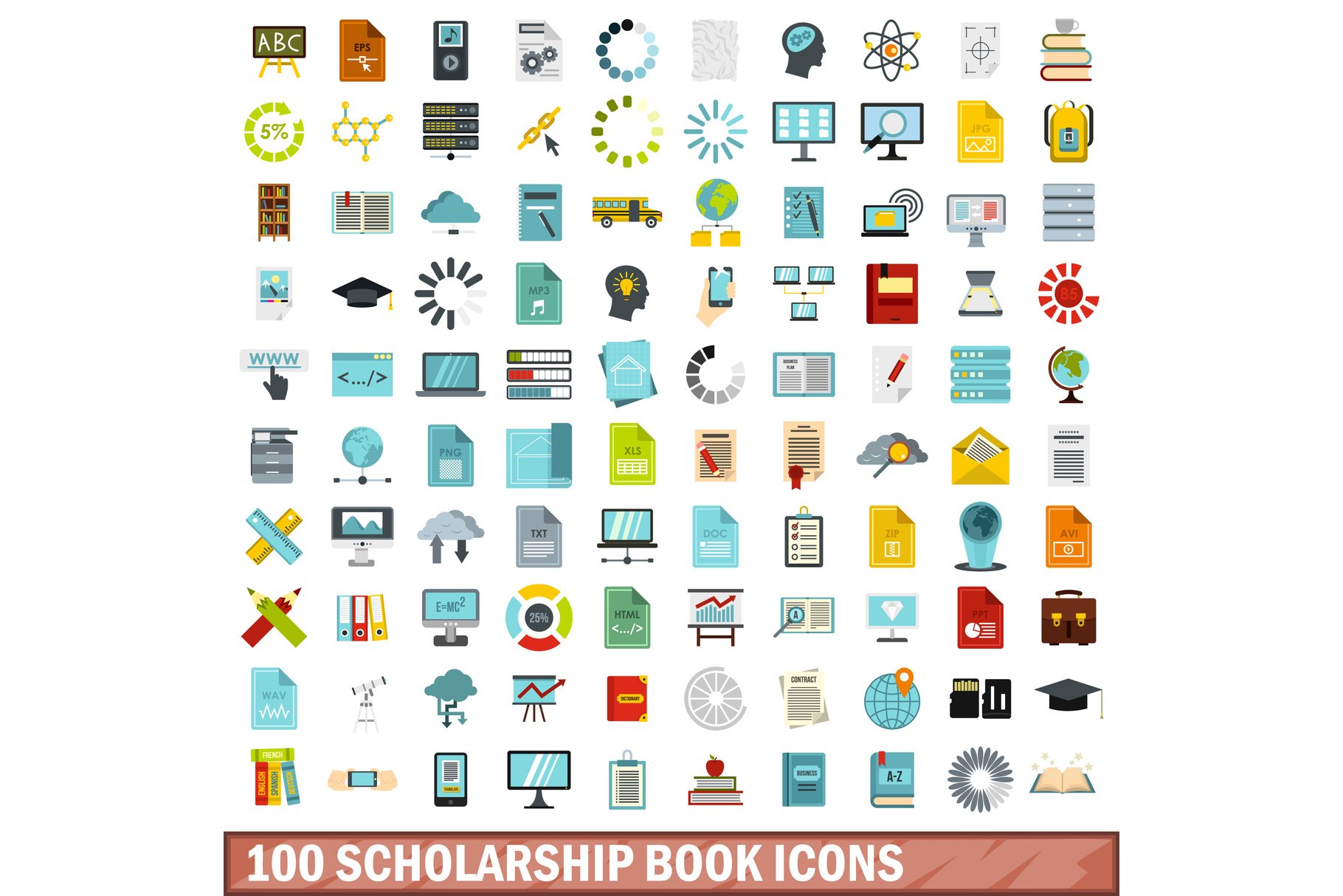 100 scholarship book icons set, flat cover image.