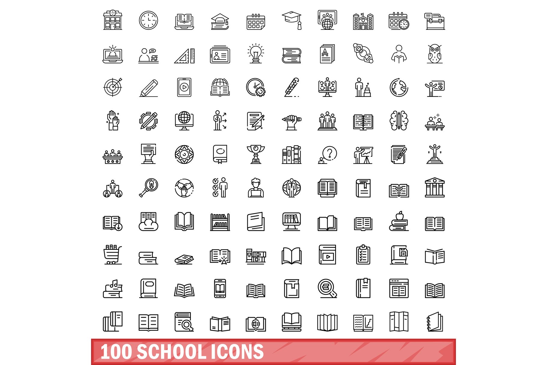 100 school icons set, outline style cover image.