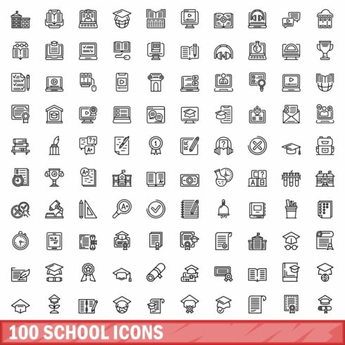 100 school icons set, outline style cover image.