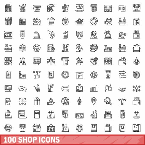 100 shop icons set, outline style cover image.