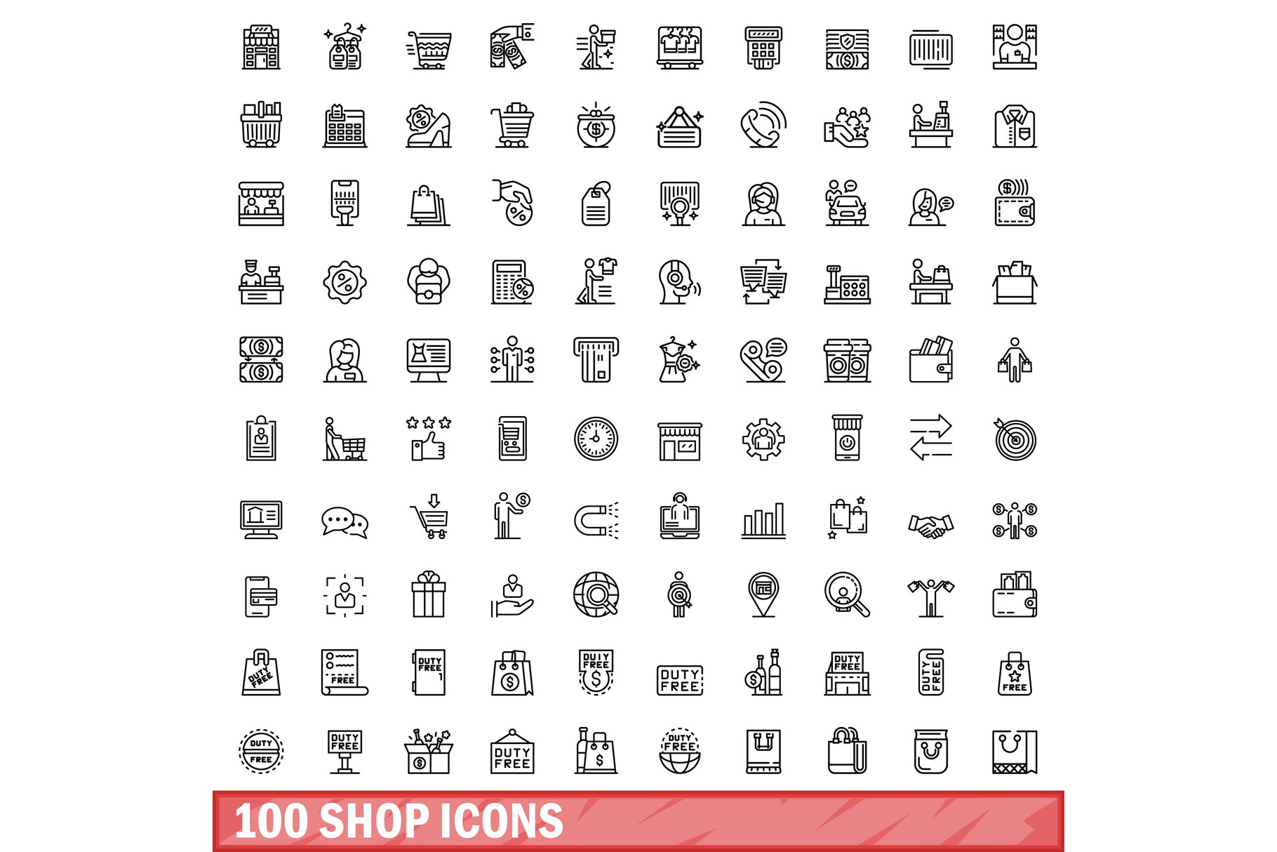 100 shop icons set, outline style cover image.