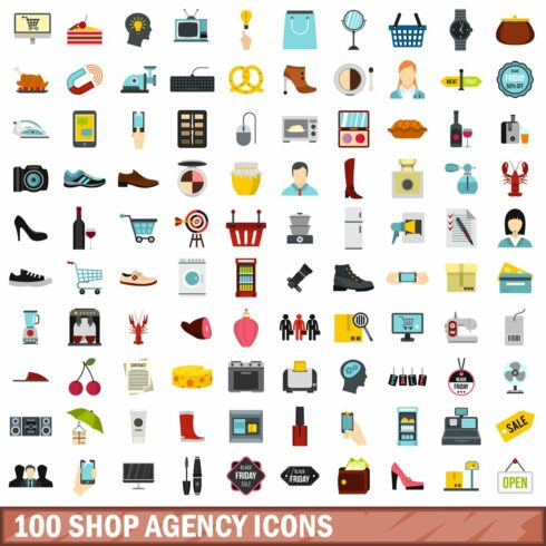 100 shop agency icons set cover image.