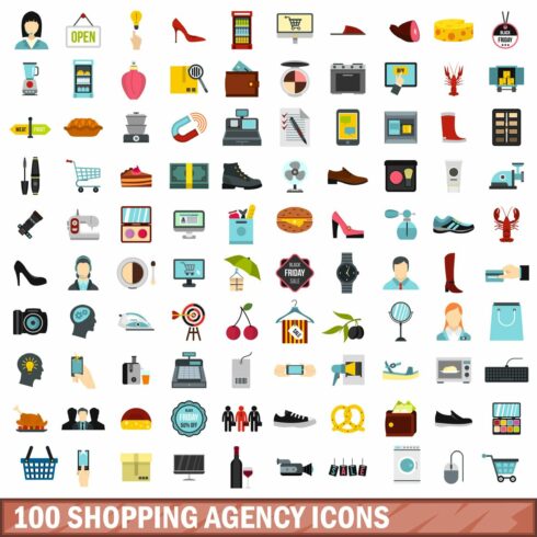 100 shopping agency icons set cover image.