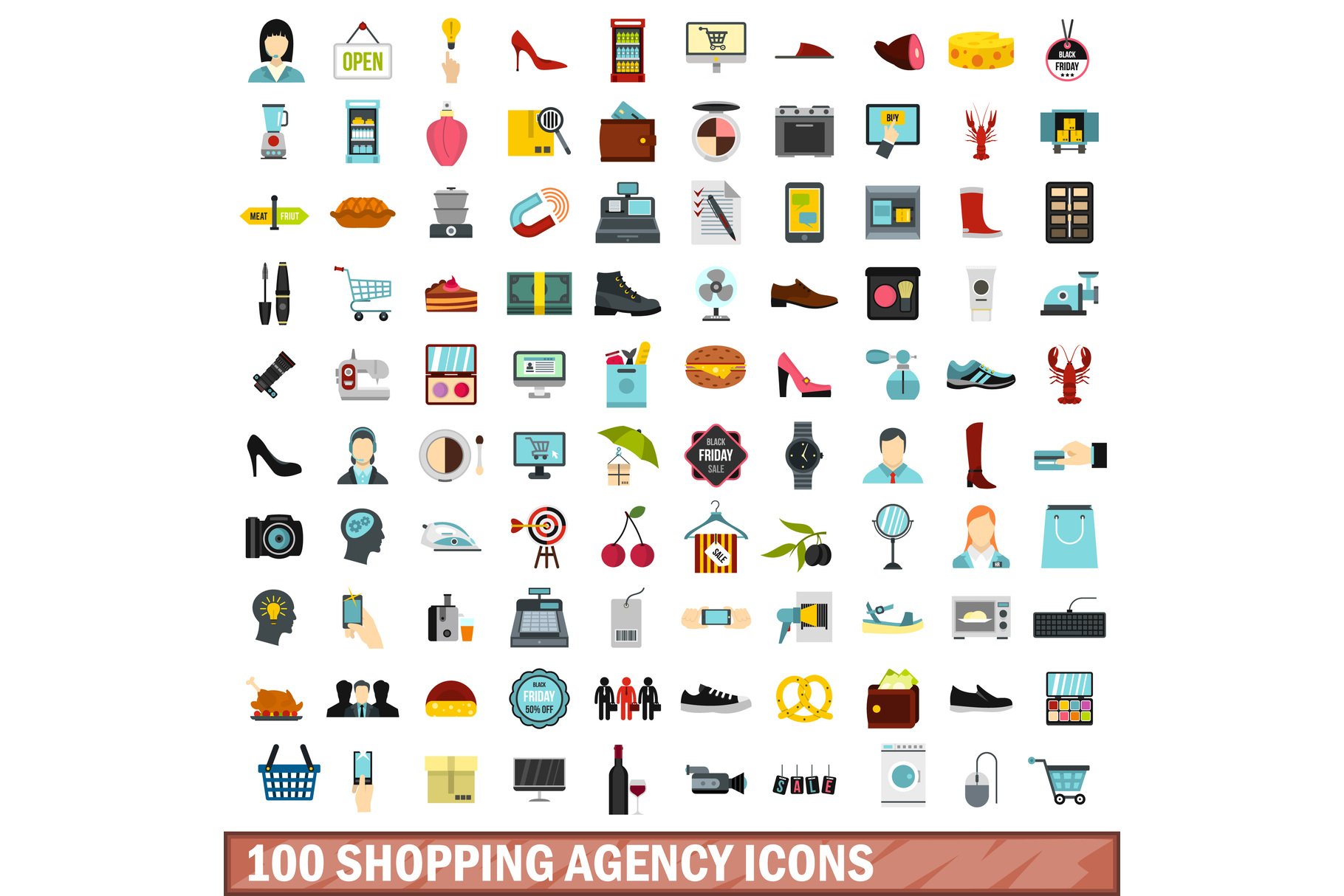 100 shopping agency icons set cover image.