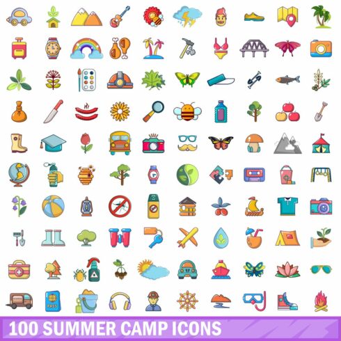 100 summer camp icons set cover image.