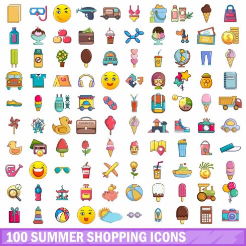 100 summer shopping icons set cover image.