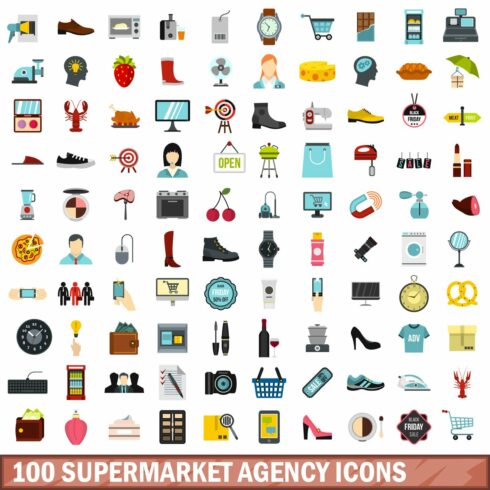 100 supermarket agency icons set cover image.