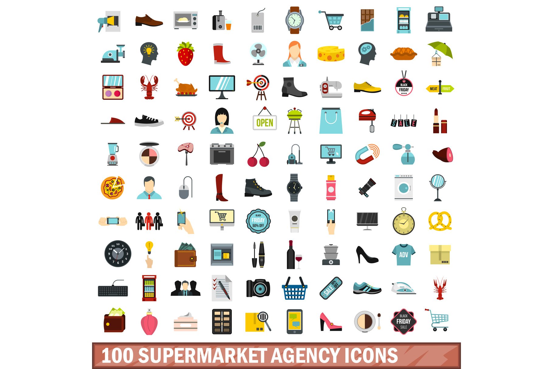 100 supermarket agency icons set cover image.