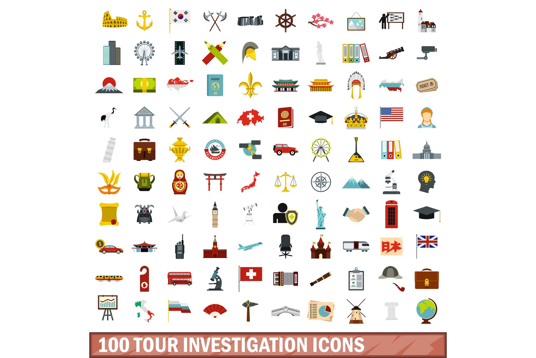 100 tour investigation icons set cover image.