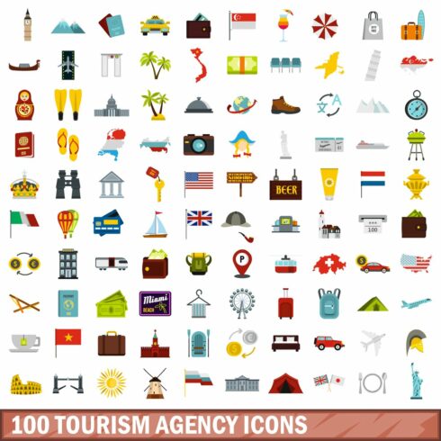 100 tourism agency icons set cover image.