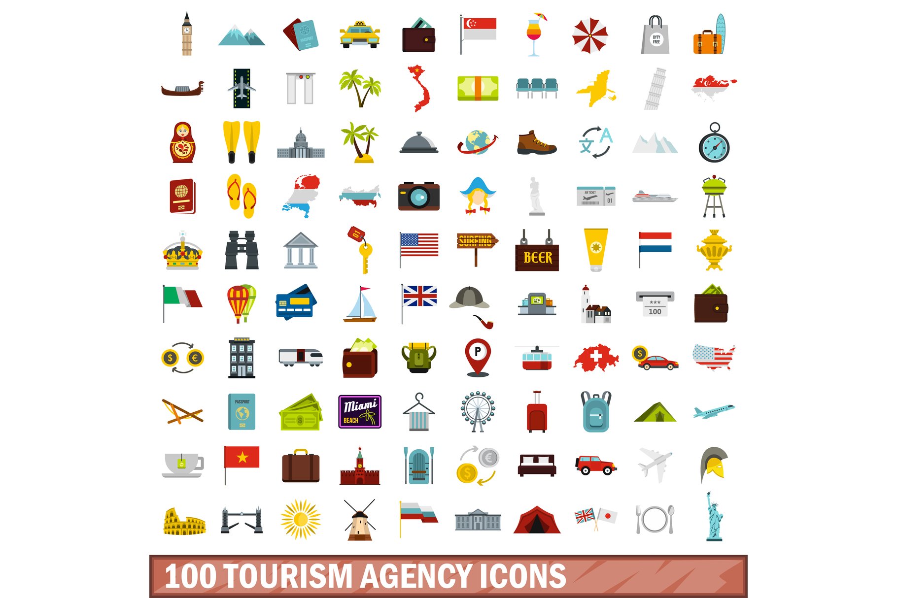 100 tourism agency icons set cover image.