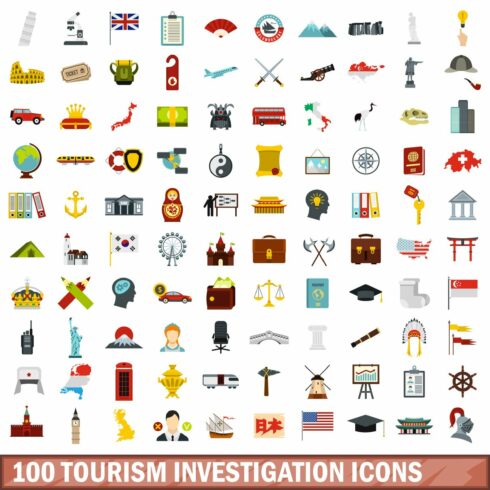 100 tourism investigation icons set, cover image.