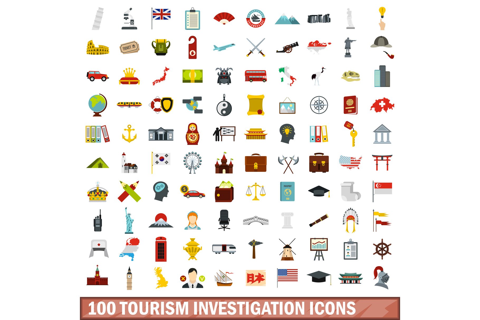 100 tourism investigation icons set, cover image.