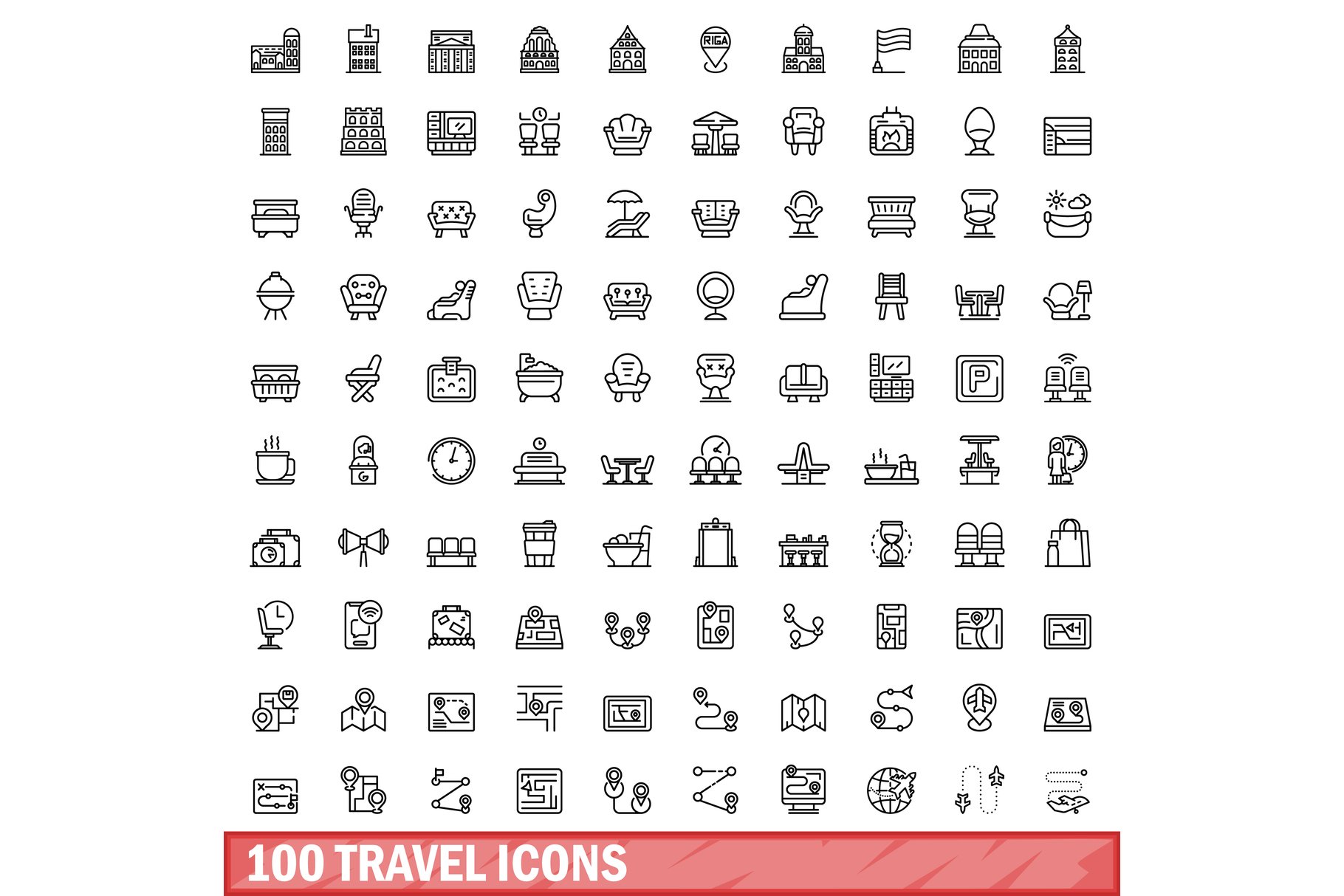 100 travel icons set, outline style cover image.