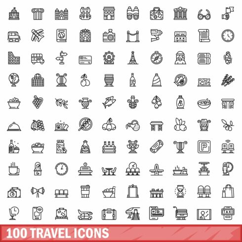 100 travel icons set, outline style cover image.