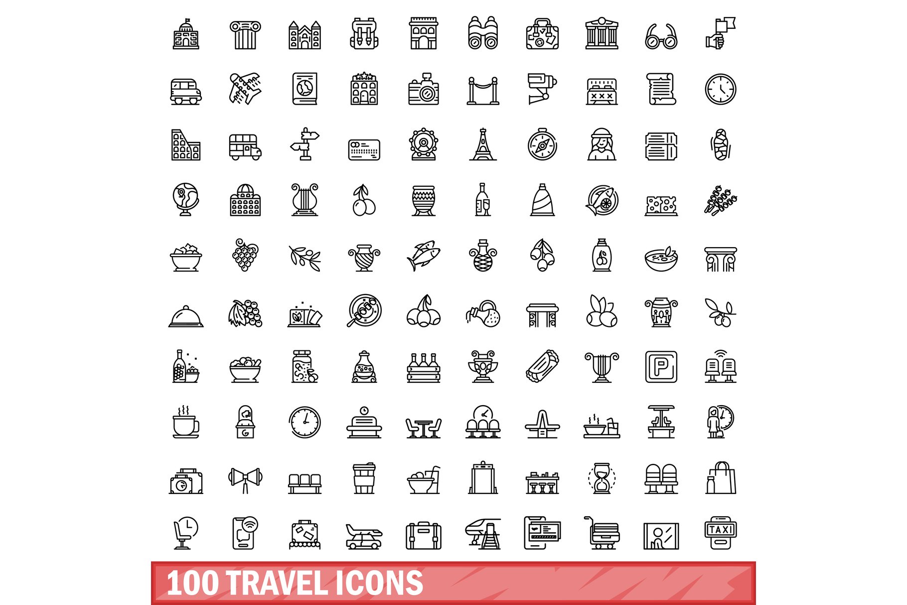 100 travel icons set, outline style cover image.