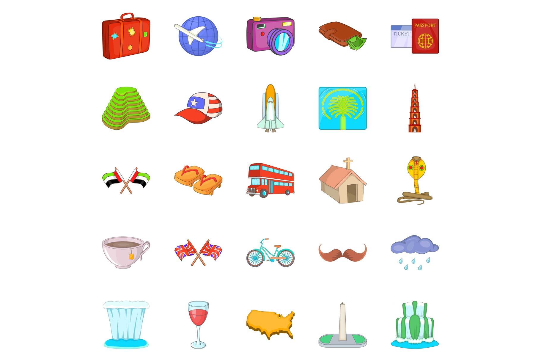 World trip icons set, cartoon style cover image.