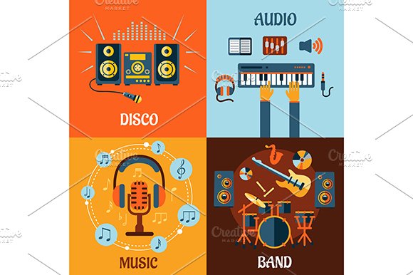 Music, audio, disco, band flat icons cover image.