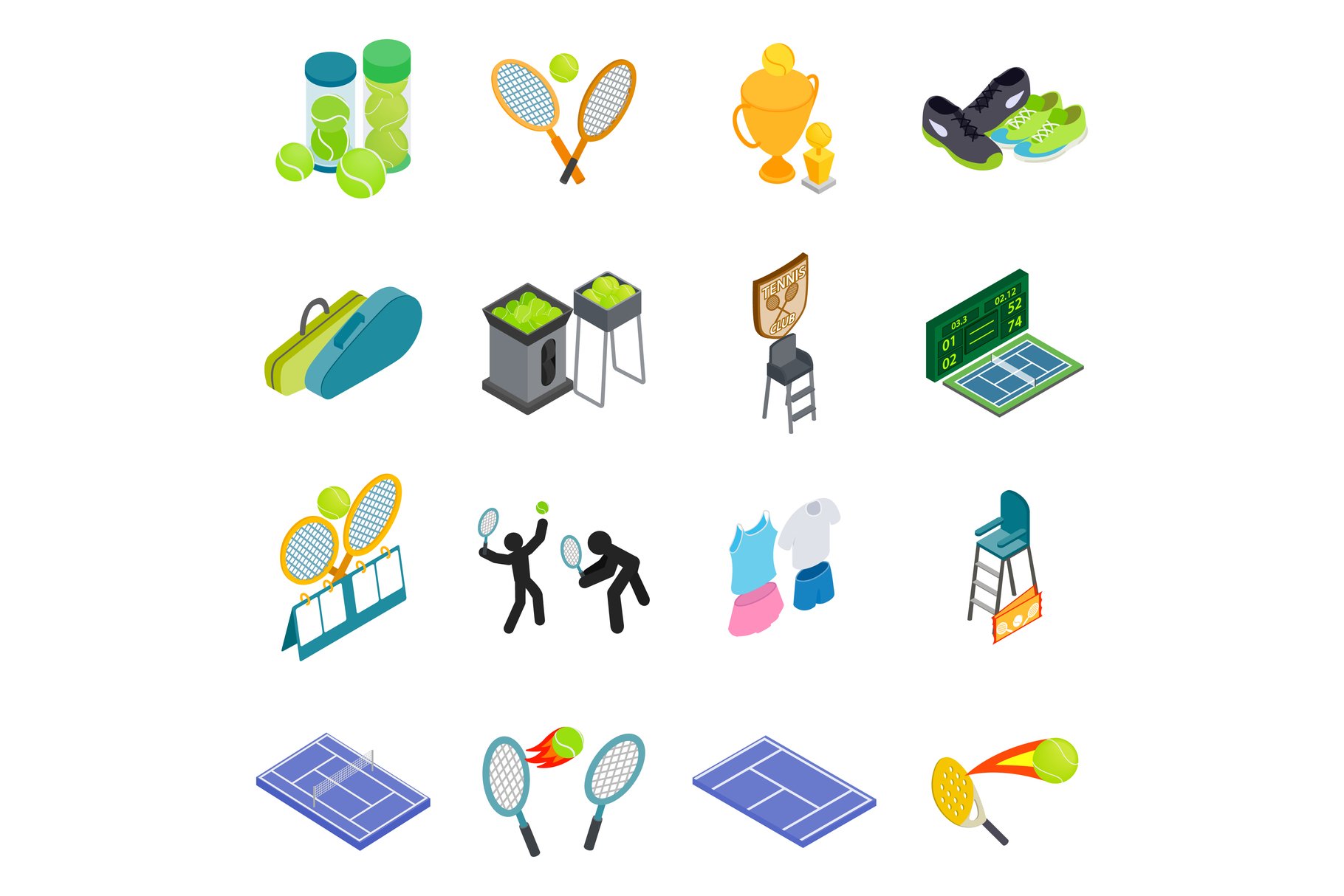 Tennis icons set, isometric style cover image.