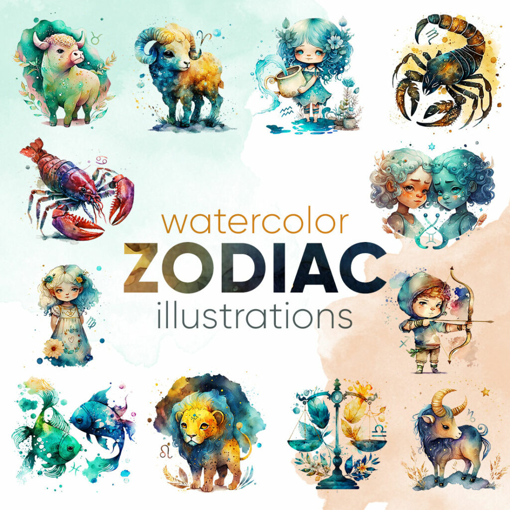 Watercolor Zodiac Sign Illustrations MasterBundles