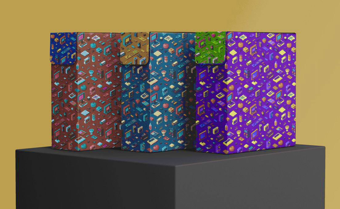 Group of colorful boxes sitting on top of a black box.