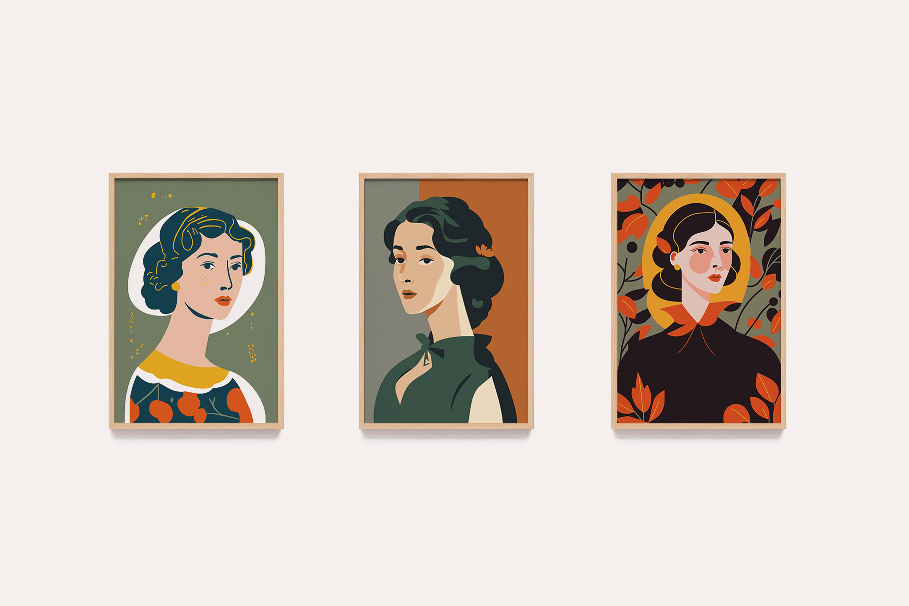 Group of three paintings of women on a wall.