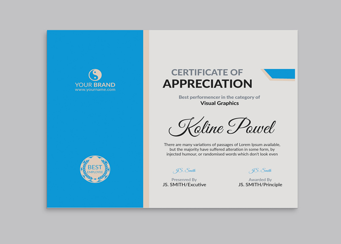 Blue and white certificate of appreciation.