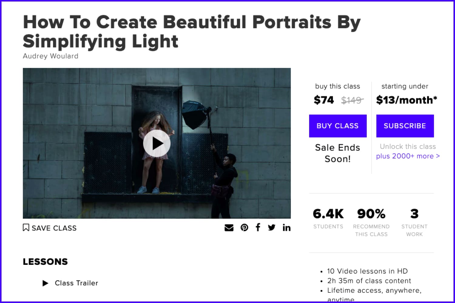 Screenshot of the main page of the course How To Create Beautiful Portraits website.