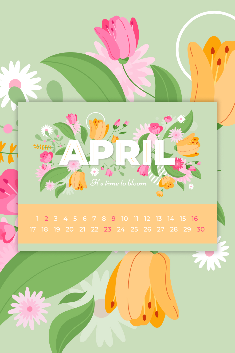 Calendar with flowers on a green background.