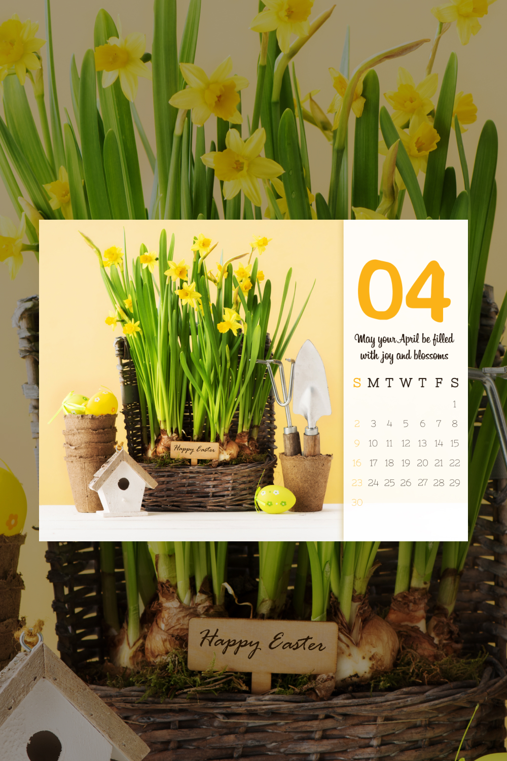 Photo of a basket of daffodils on a table.
