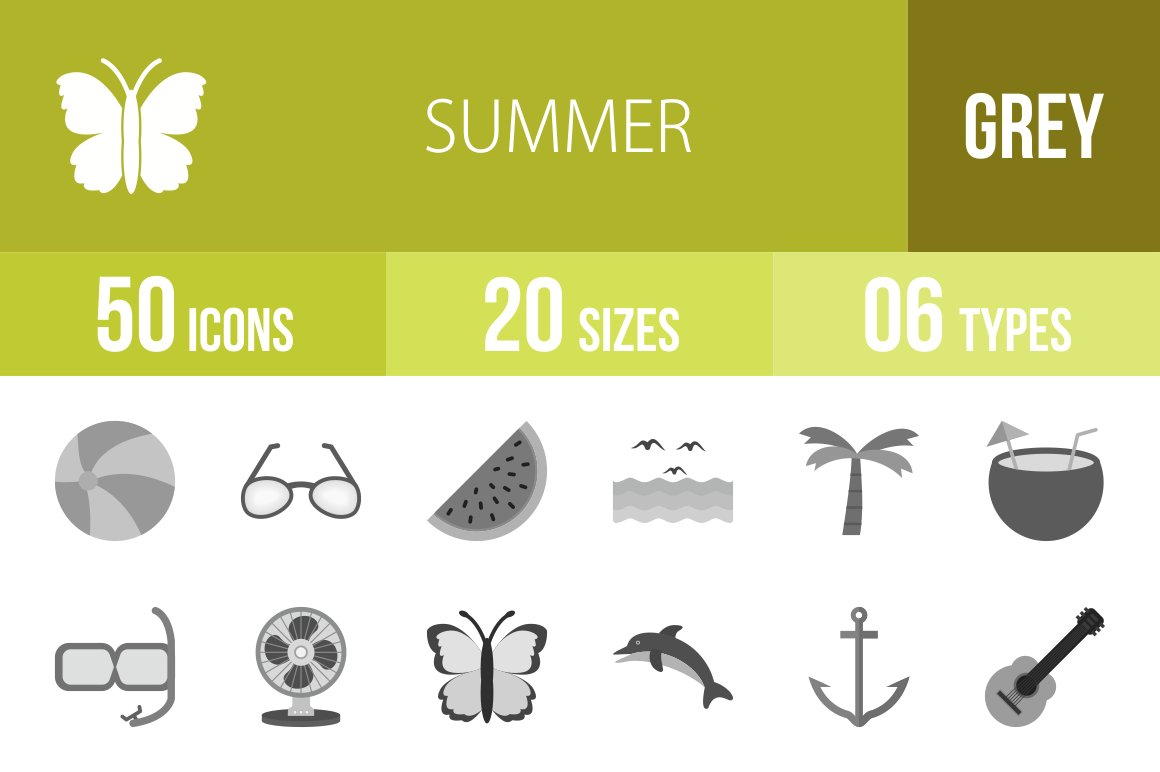 50 Summer Grey Scale Icons cover image.