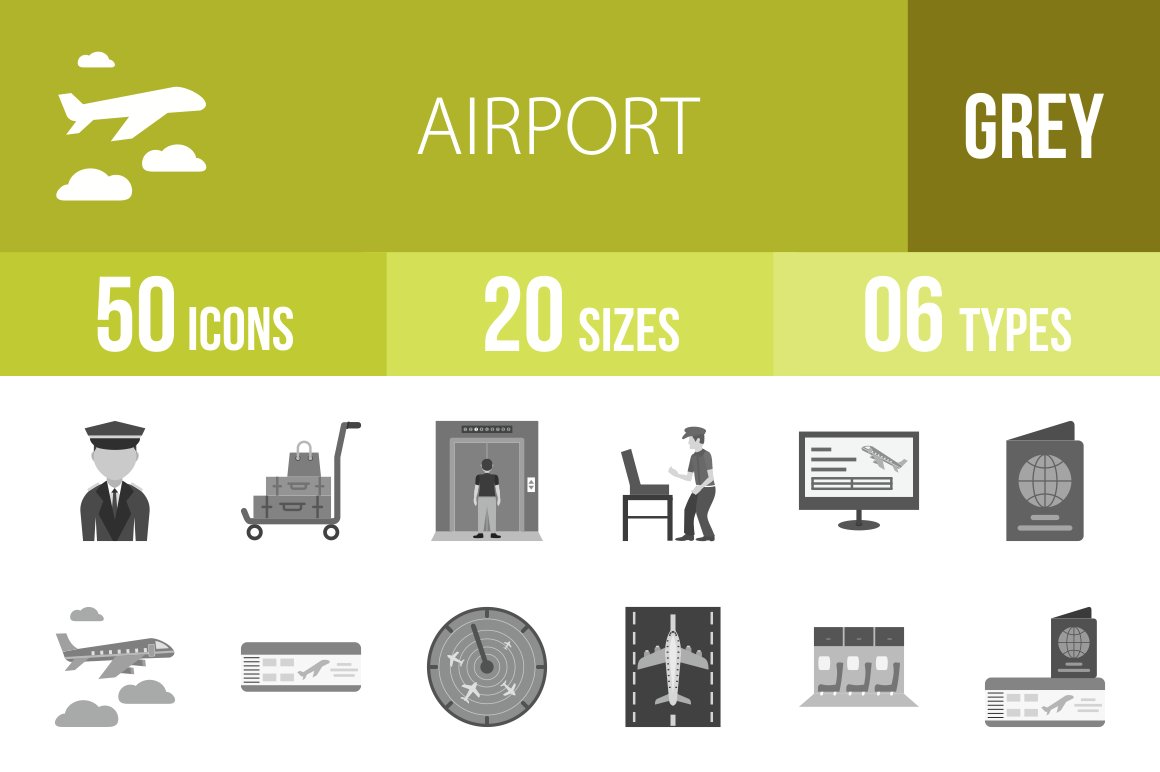50 Airport Greyscale Icons cover image.