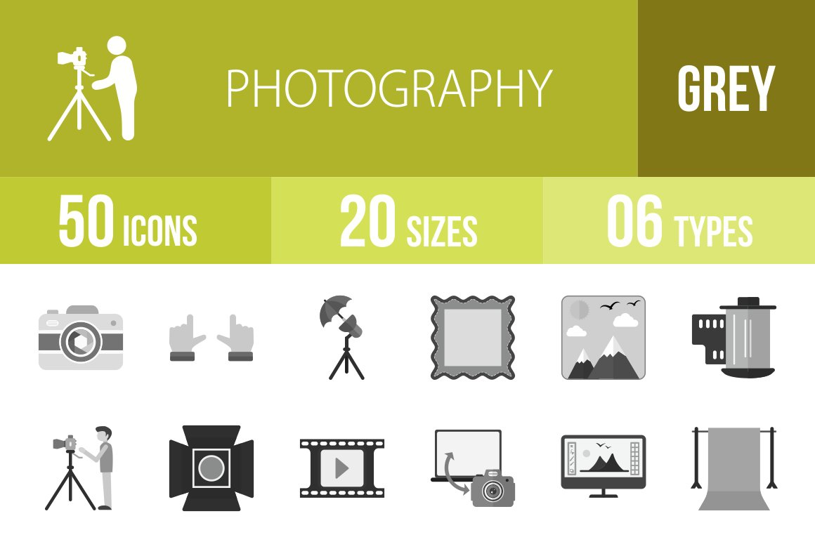 50 Photography Greyscale Icons cover image.