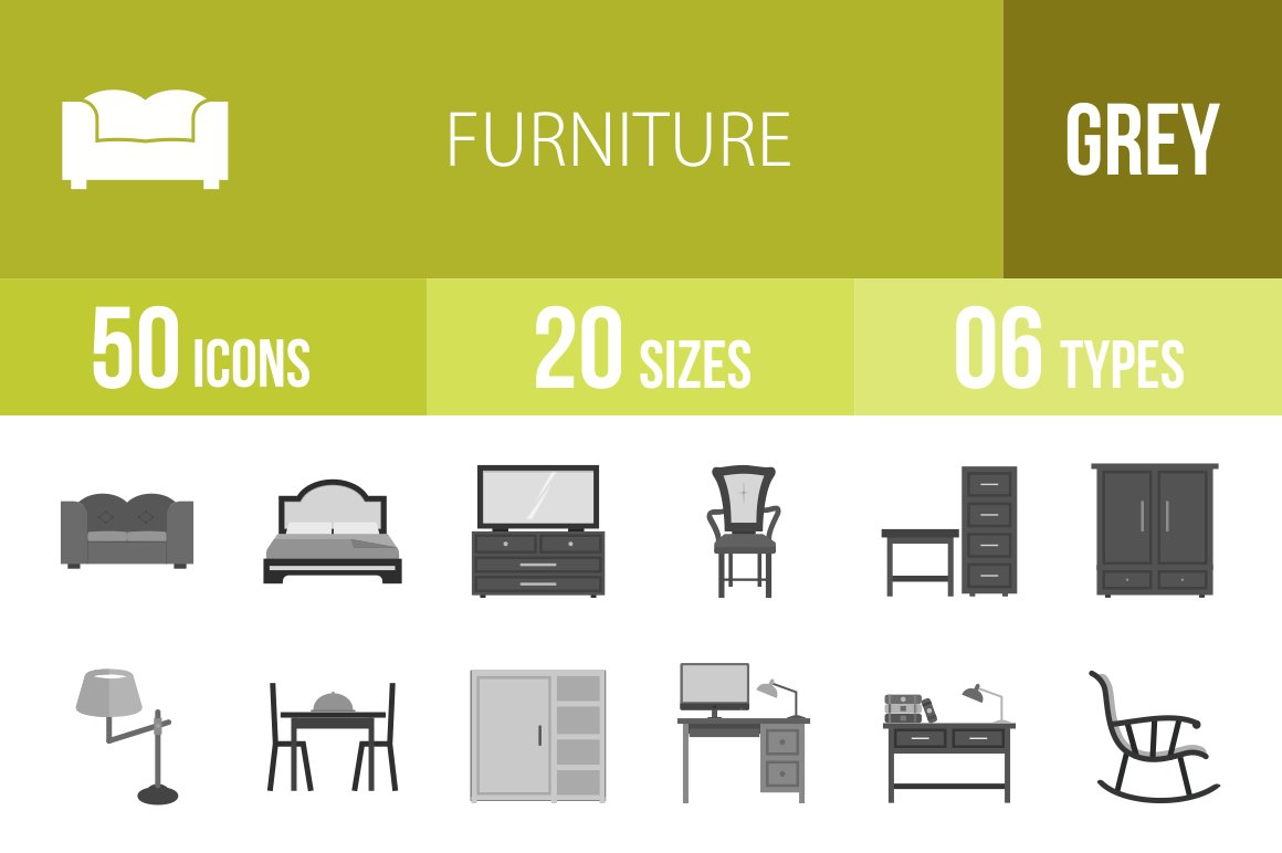 50 Furniture Greyscale Icons cover image.