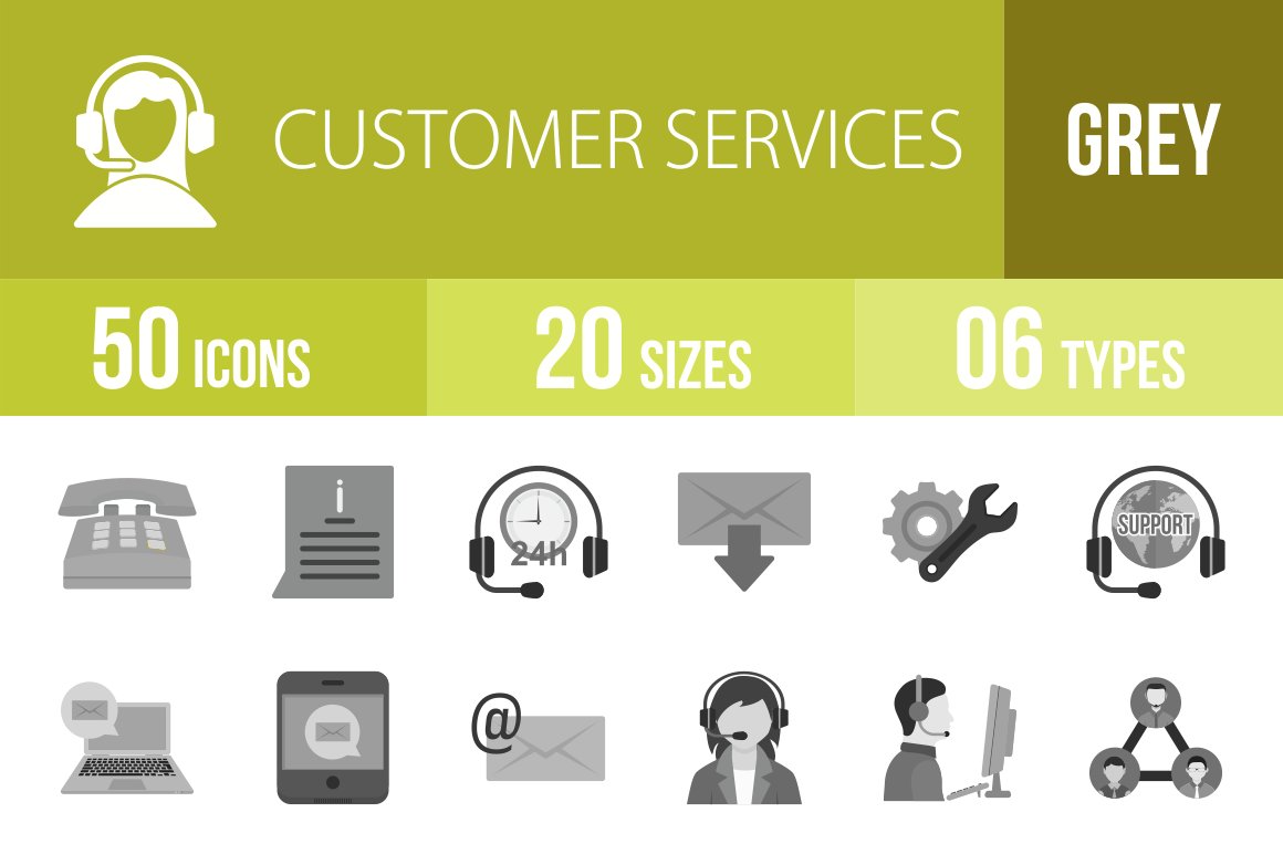 50 Customer Services Greyscale Icons cover image.