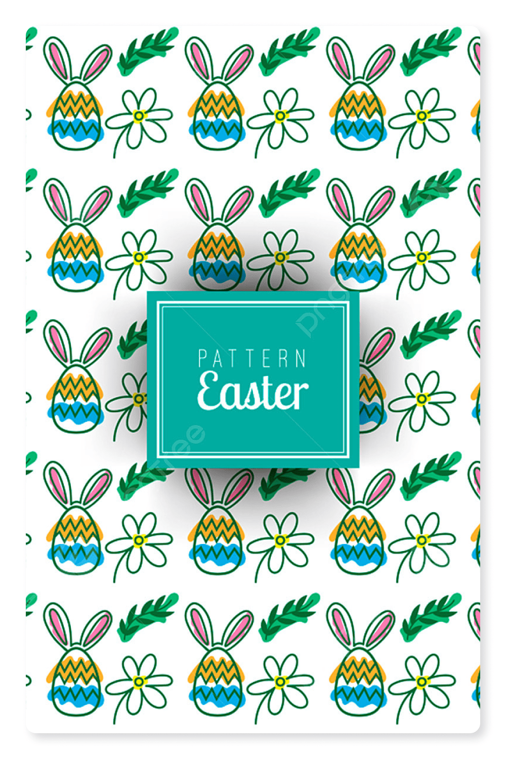 Seamless pattern with Easter eggs with bunny ears, flowers and leaves.