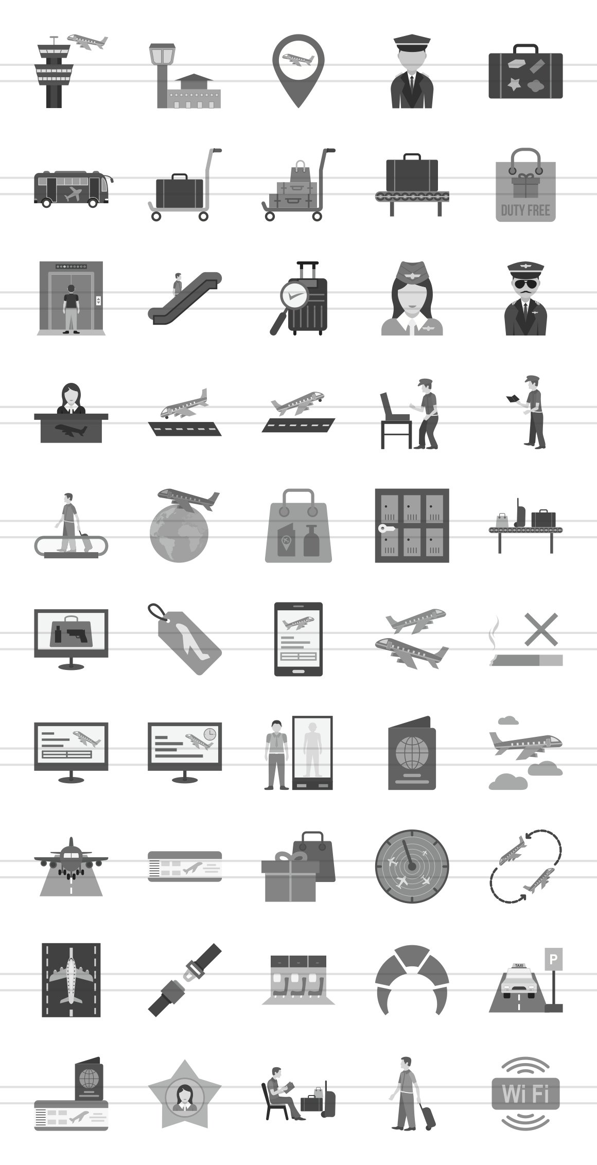 50 Airport Greyscale Icons preview image.