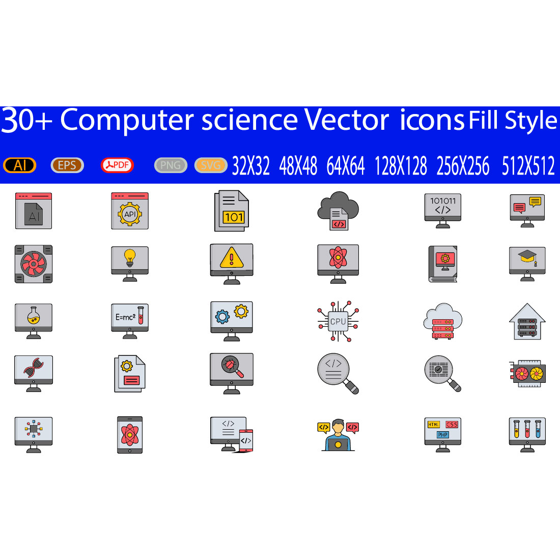 Computer science icon set on a white background.