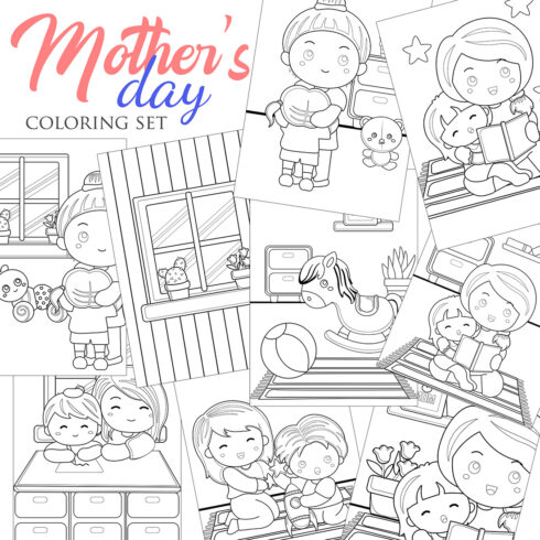Mother's Day Love Kids Playing At Home with Hug Coloring Set cover image.