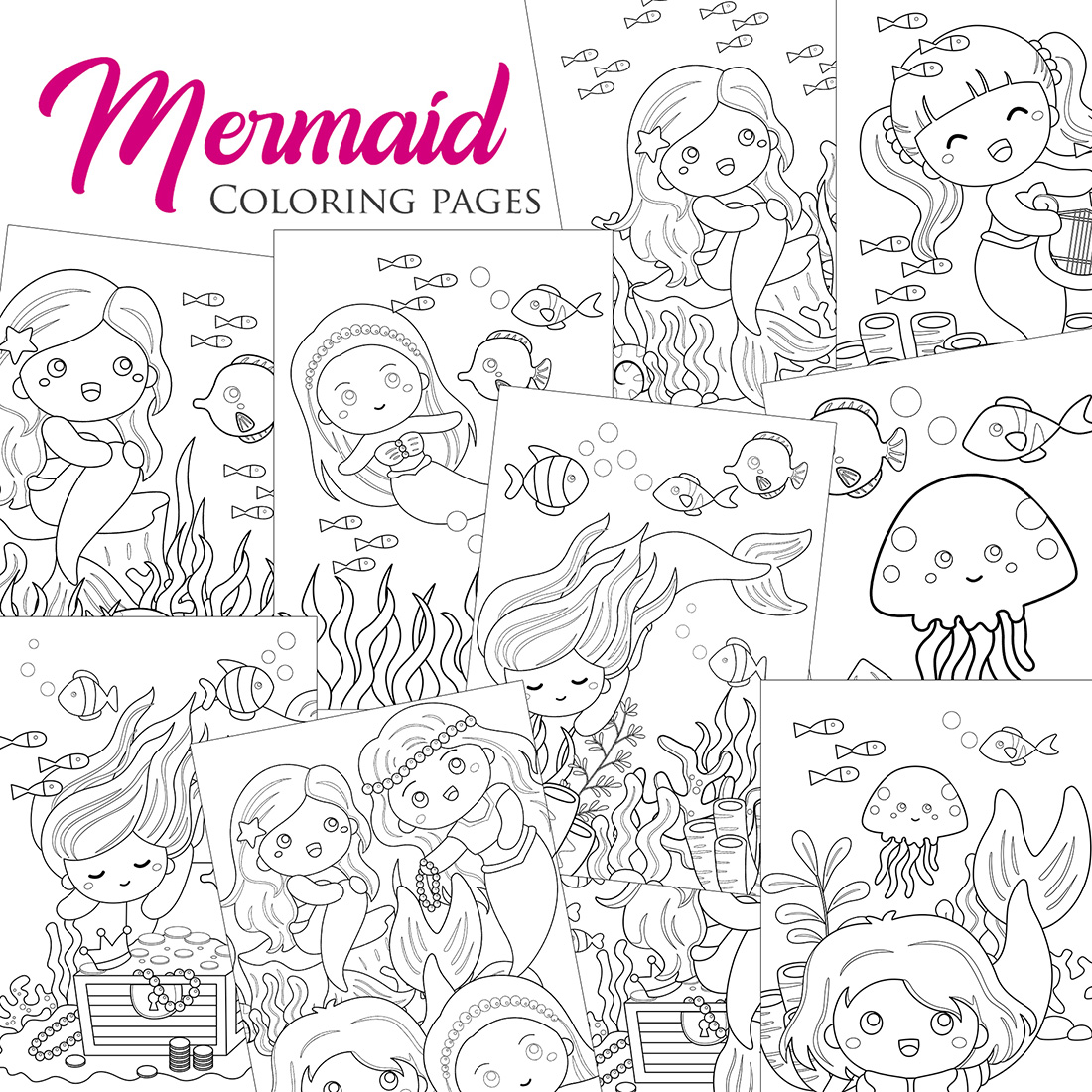 Cute Swimming Little Mermaid Cartoon Coloring Pages for Kids and Adult cover image.